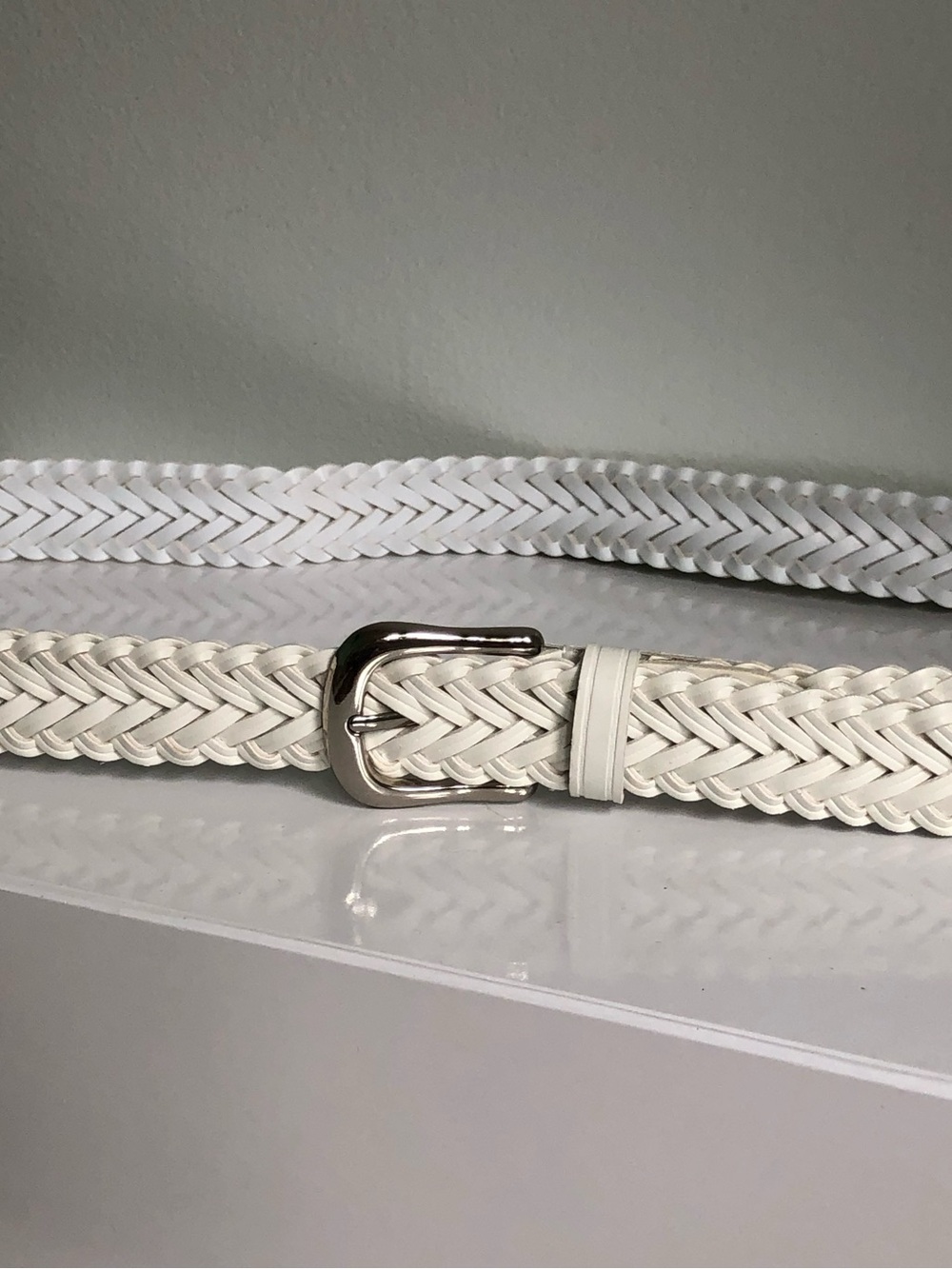 70s Retro Woven White Faux Leather Belt with Silver Buckle Western Boho